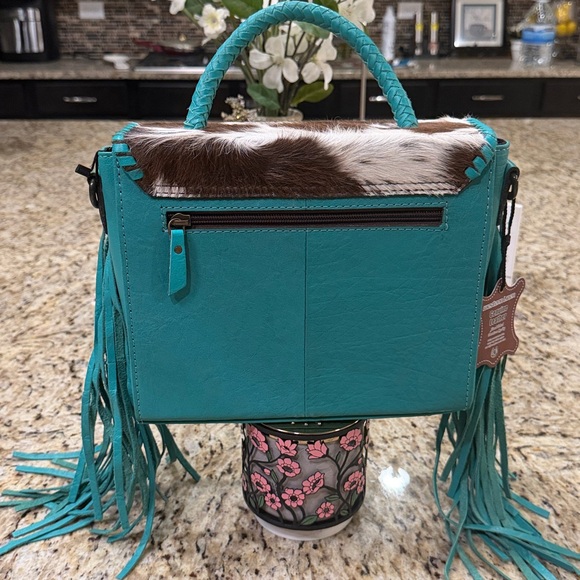 NWT  Teal Leather Fringe Cowhide Crossbody Bag with Turquoise Accent - Picture 3 of 14